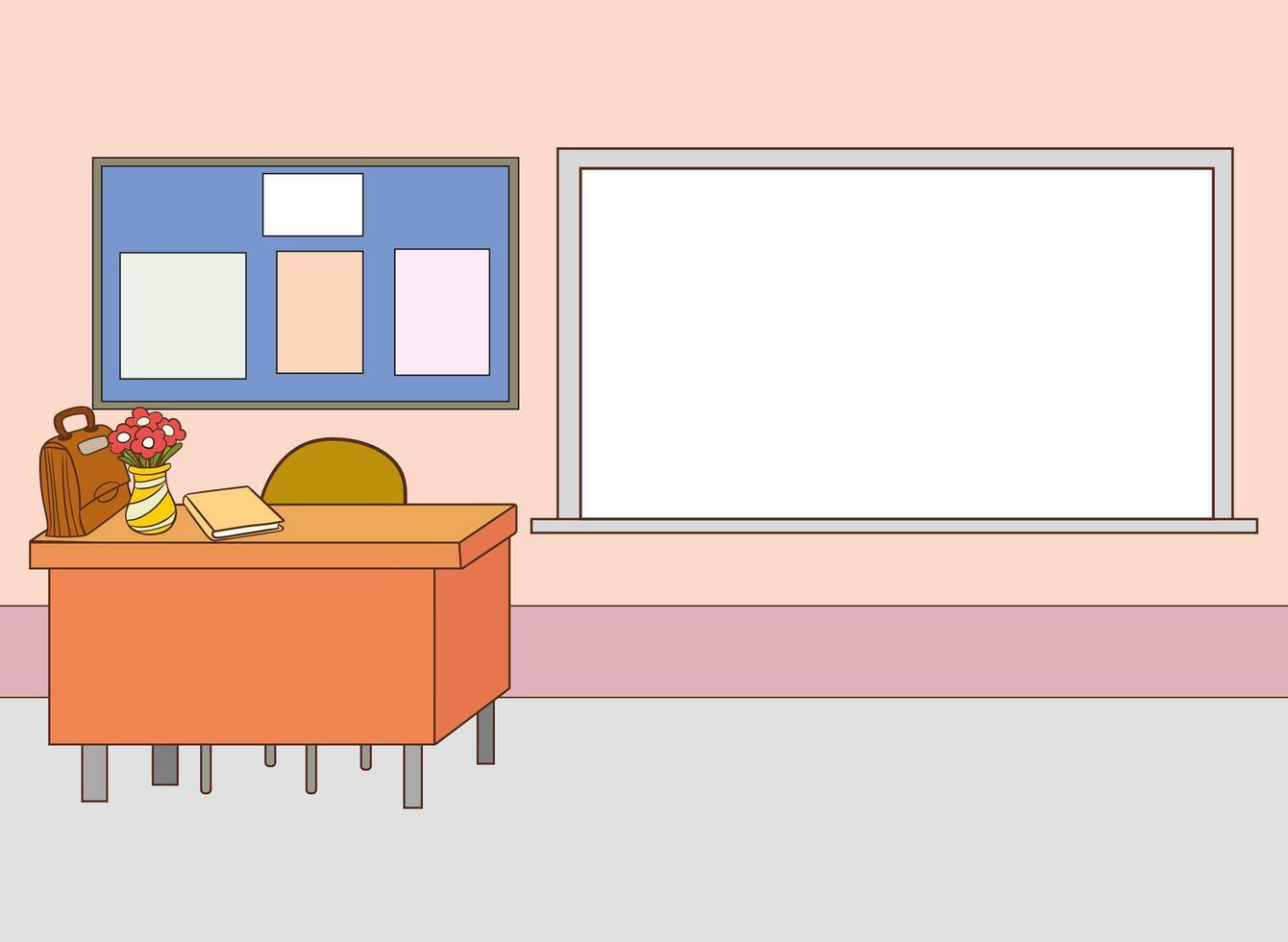 Empty classroom interior, teacher desk, blackboard, and school or university classroom, study room. Cartoon illustration vector