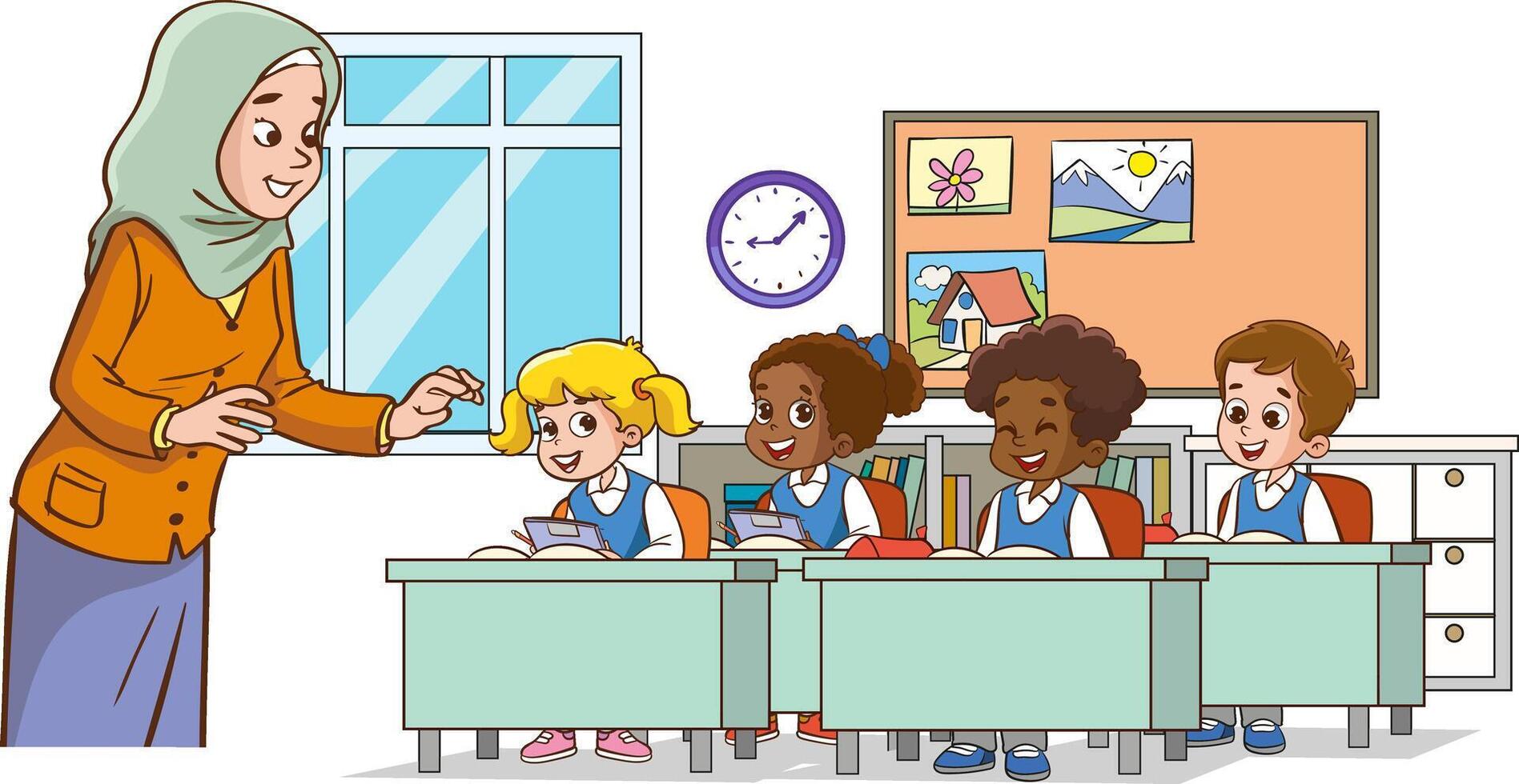 Teacher with students in classroom vector