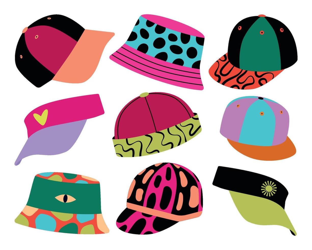 Colorful Modern Hat Set Illustration. Modern hats, including caps, bucket hats, and visors. Each hat features unique patterns and vibrant colors. vector