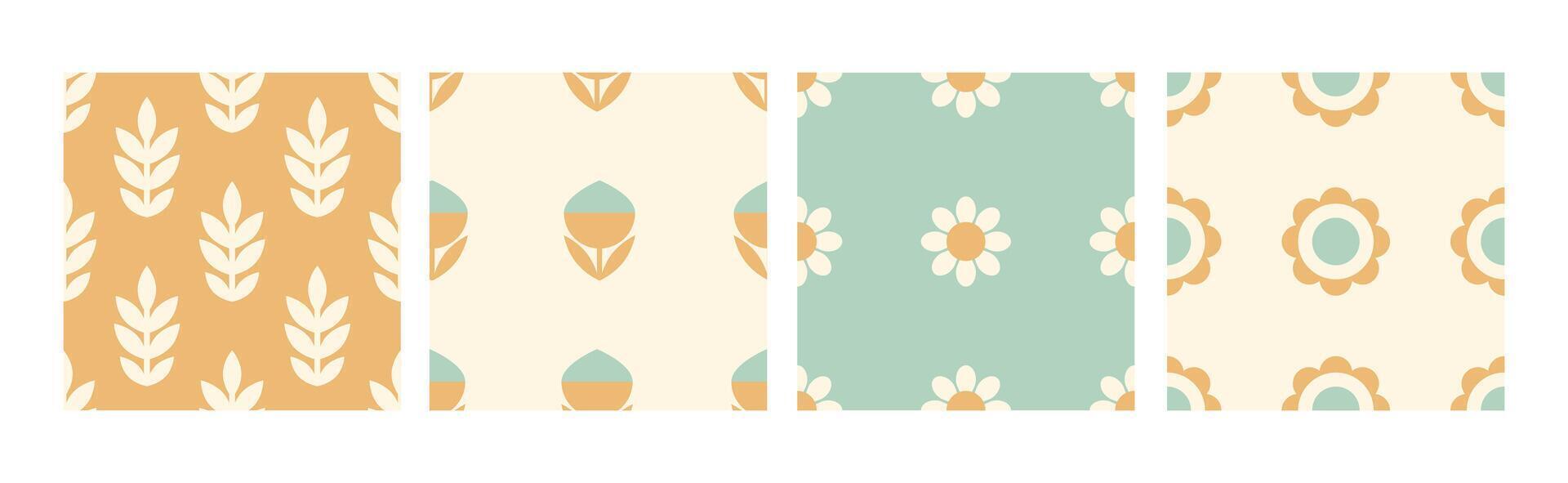 Retro Flora Pattern Illustration Set. Illustration combines floral motifs with retro hues of mustard, cream, and mint green for creative projects. vector