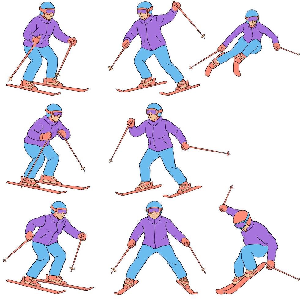 Colorful skiing pose illustrations vector