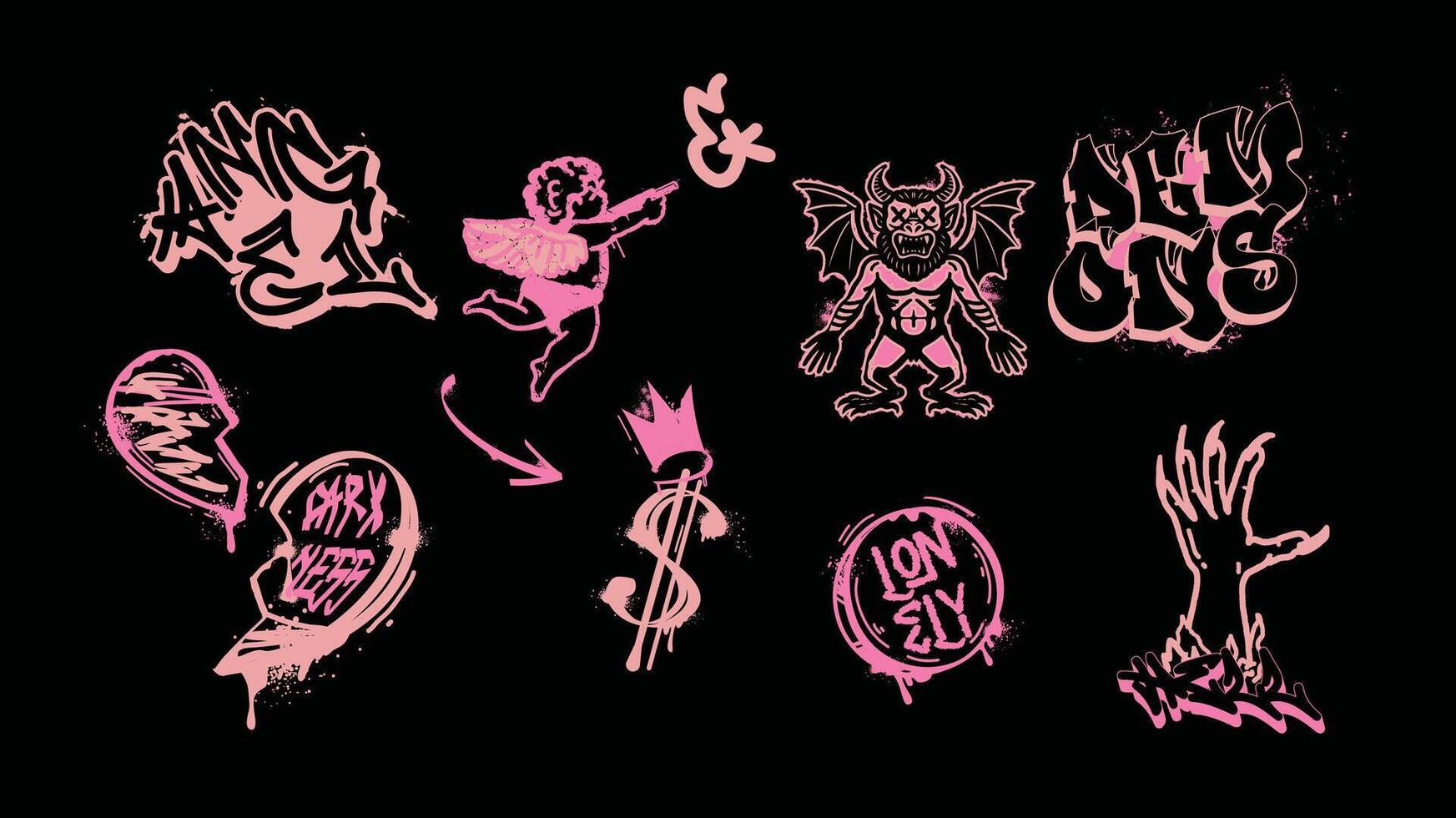 A gritty and expressive set of pink-,toned graffiti symbols on a black background, featuring angels, dollar signs, monsters, bats, and handwritten slogans like ANGEL and LONELY. vector