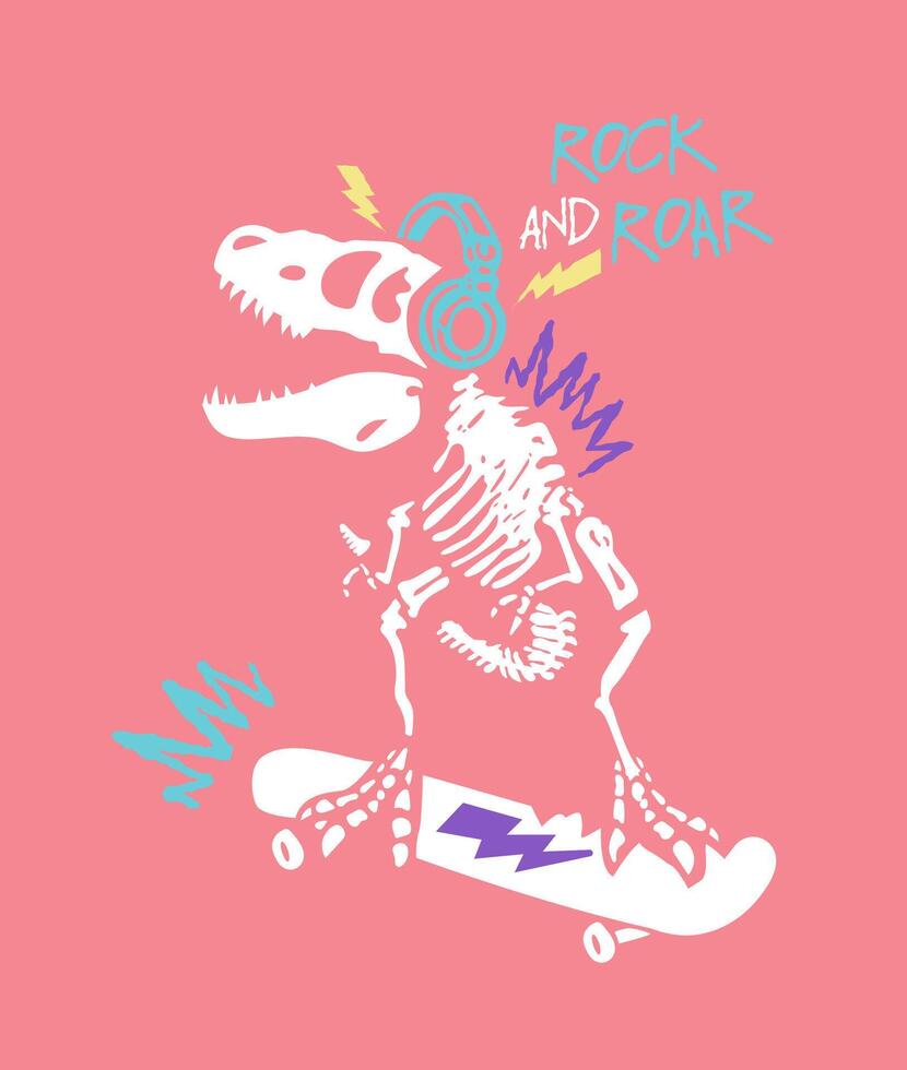 Illustration of a fossil t-rex skating while listening to music. vector