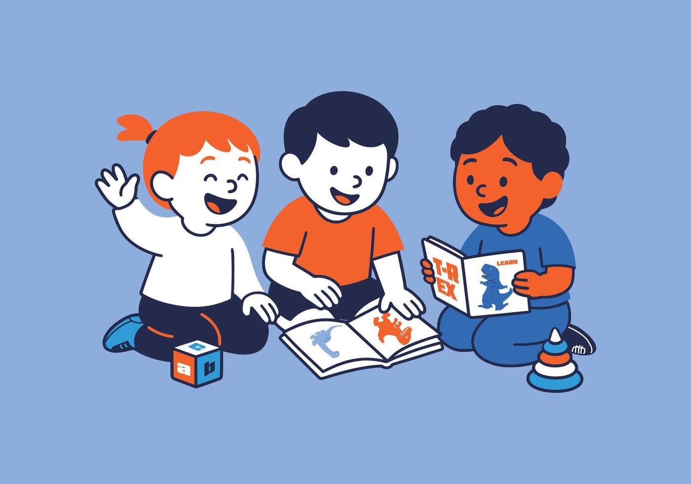 three preschool kids sitting on the floor, learning together. vector