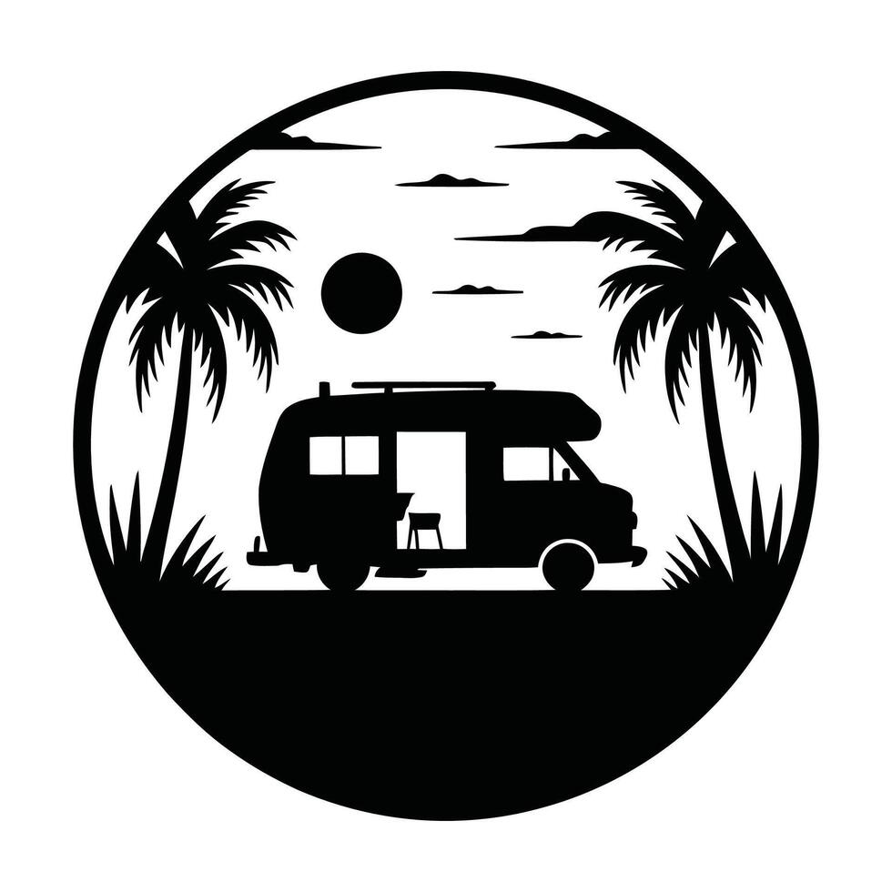 Tropical vacation camper van silhouette under palm trees vector