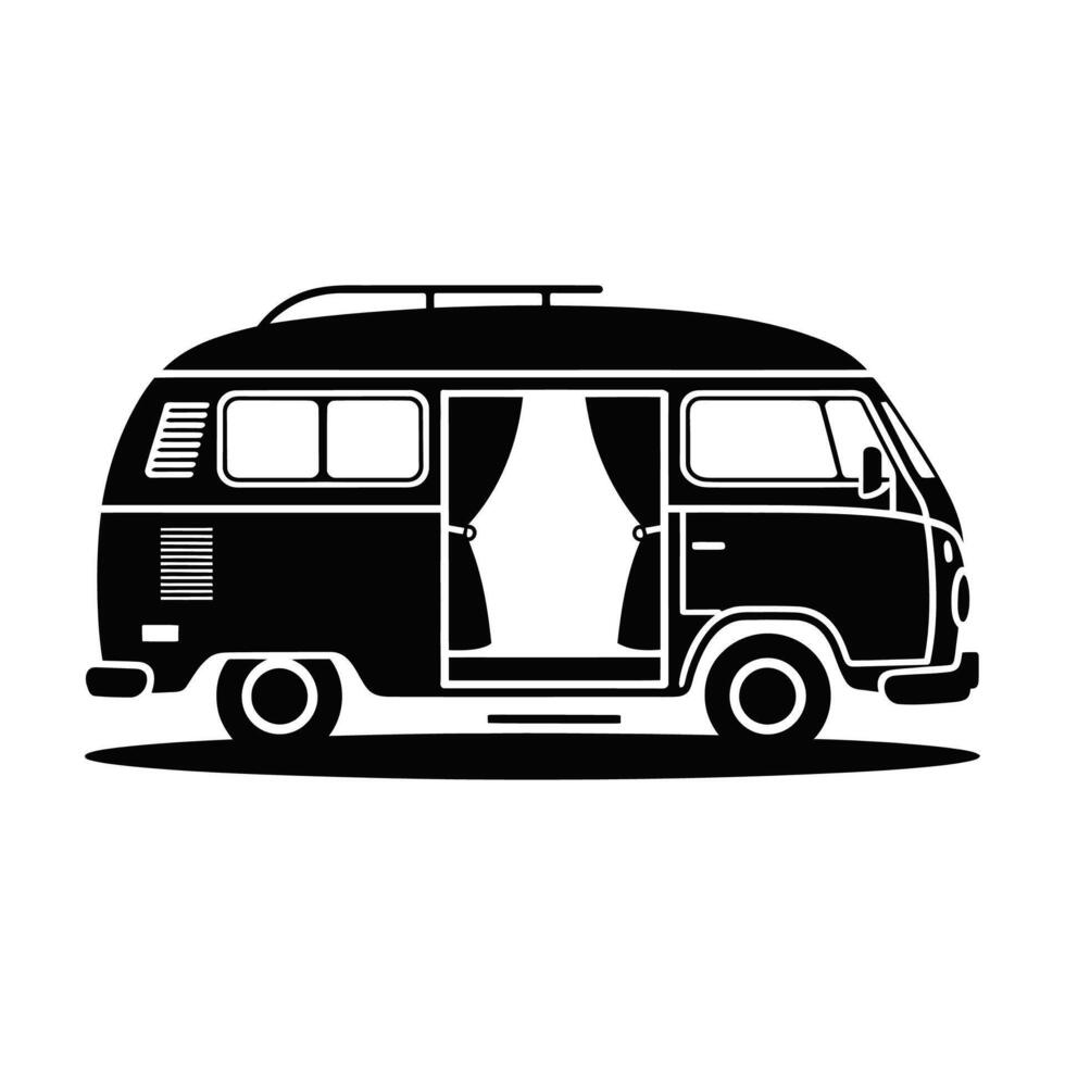 Vintage camper van black and white silhouette illustration vector
