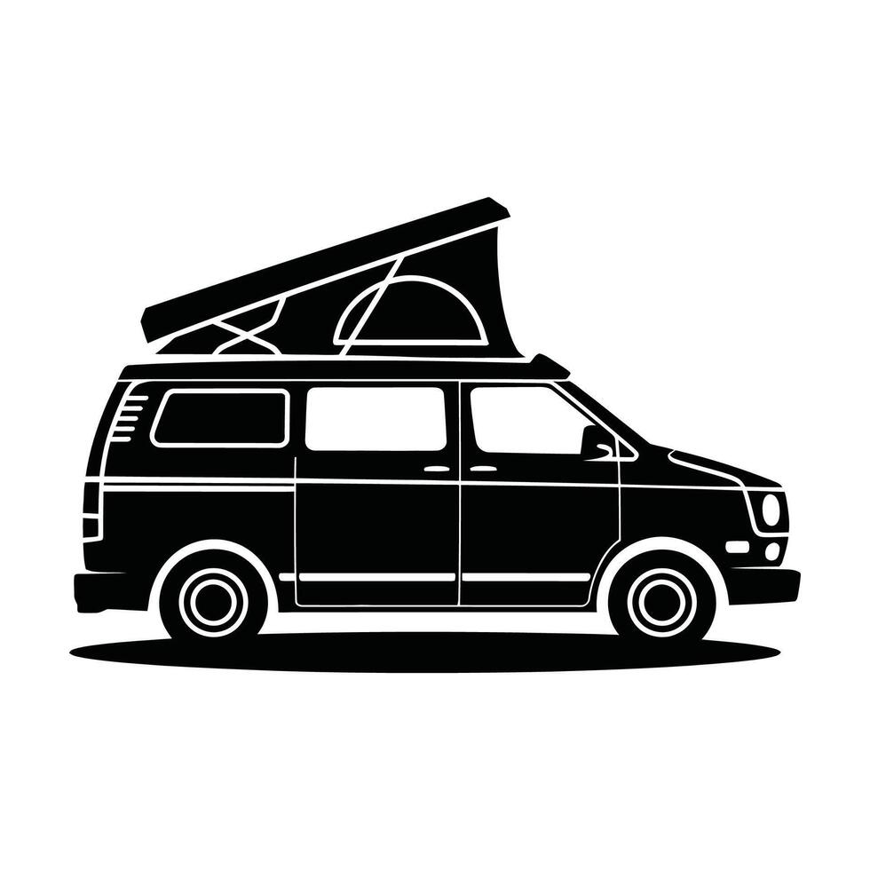 Black silhouette camper van with roof top tent adventure travel vector