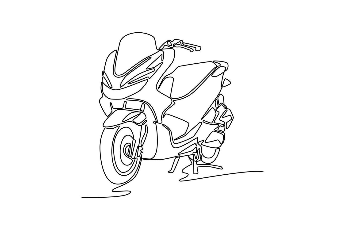 Continuous one line drawing big modern motor scooter in the outdoor city street. Two wheels transportation motorcycle for mobility or tour vacation. Single line draw design graphic illustration vector