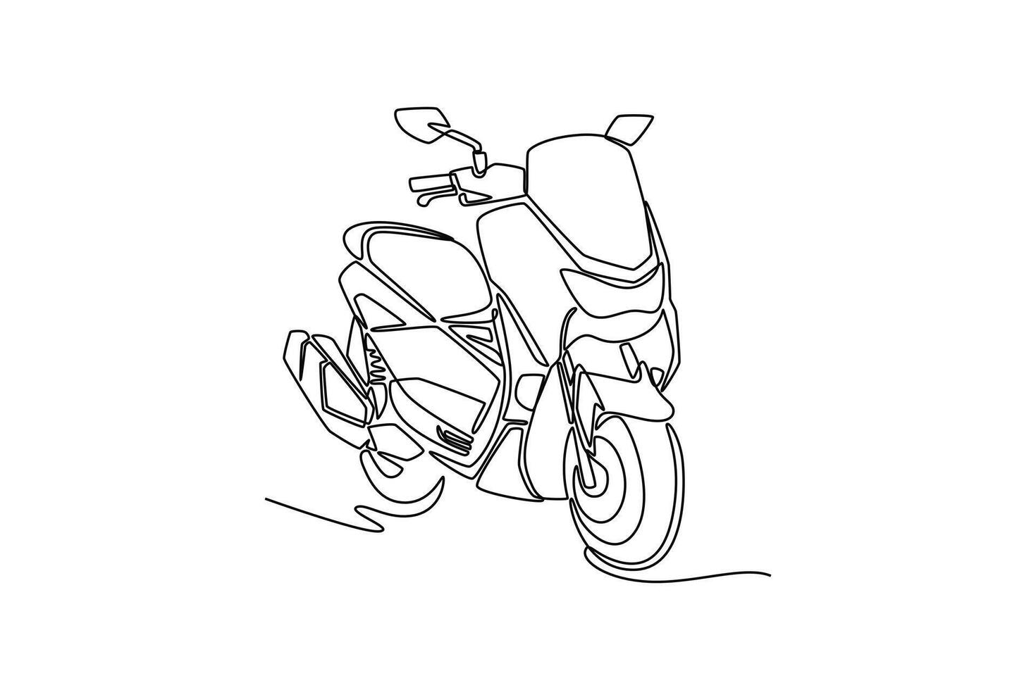 Single one line drawing modern big scooter parked on white background. Ecological urban transportation. Stylish motorcycle for citizen mobility. Continuous line draw design graphic illustration vector