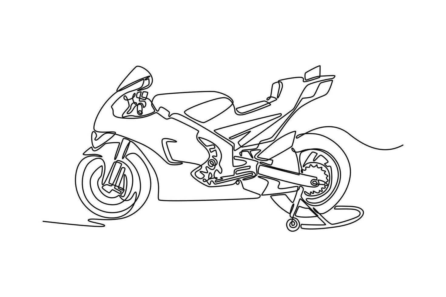 Continuous one line drawing side view modern sport motorcycle parking on white background. Motorbike for race competition. Transportation concept. Single line draw design graphic illustration vector