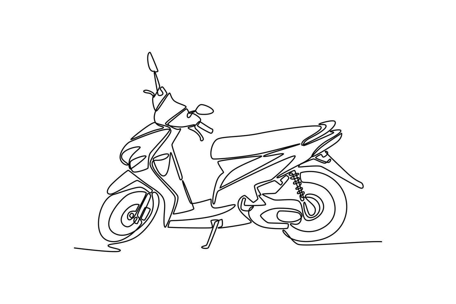 Single one line drawing side view modern urban moped motor scooter in the city. Two wheels transportation motorcycle for mobility or delivery. Continuous line draw design graphic illustration vector
