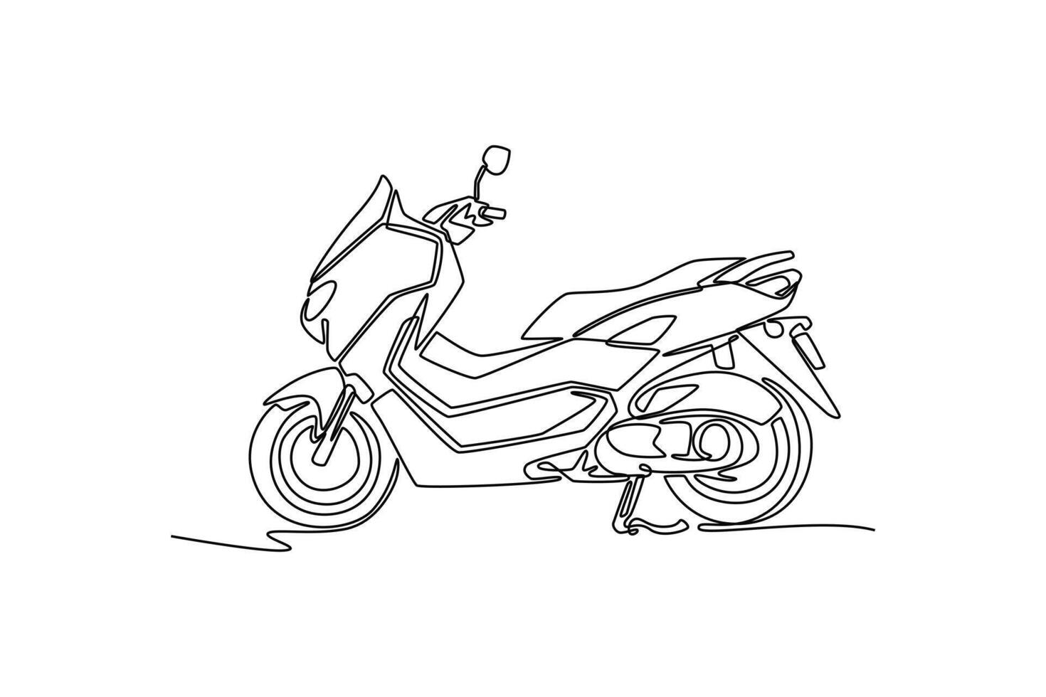 Single one line drawing side view big modern scooter standing on white background. Stylish motorcycle for urban citizen or tour trip vacation. Continuous line draw design graphic illustration vector
