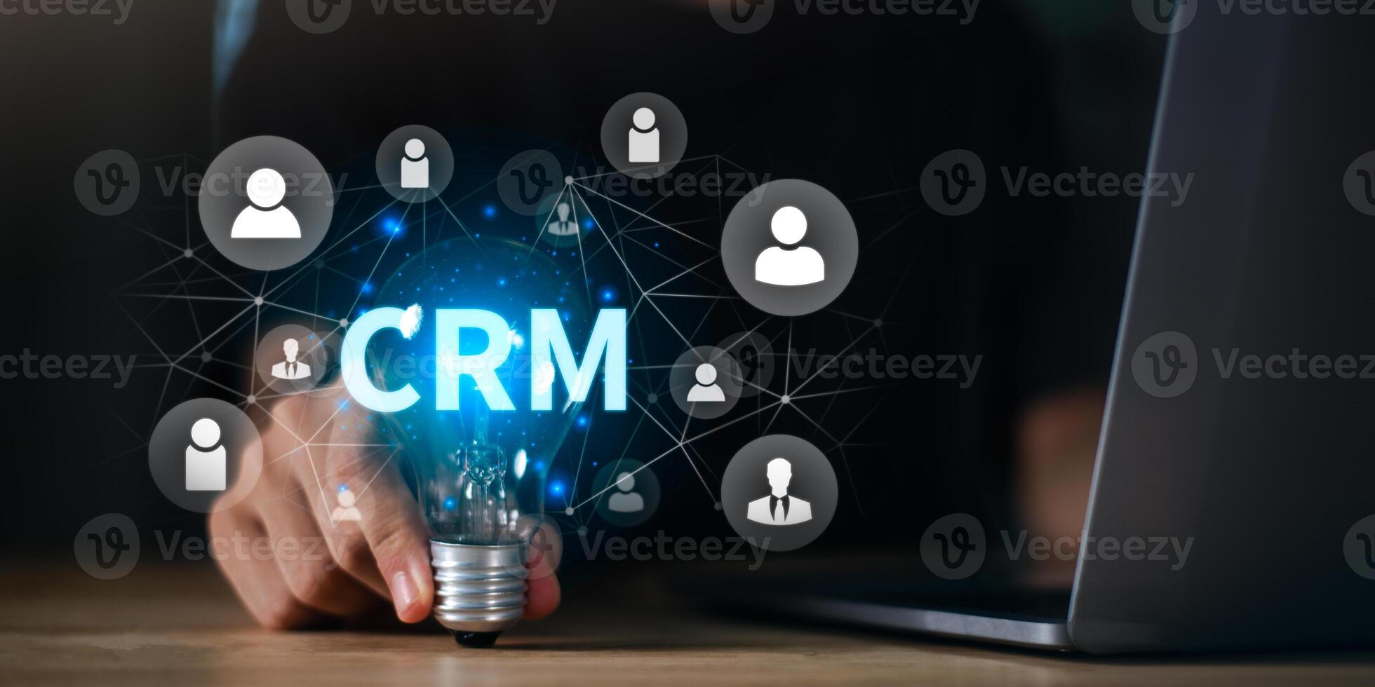 strategy or software to follow up on sales ,Customer relationship building ,creating satisfaction and confidence for customers,Businessman showing customer relationship management concept photo