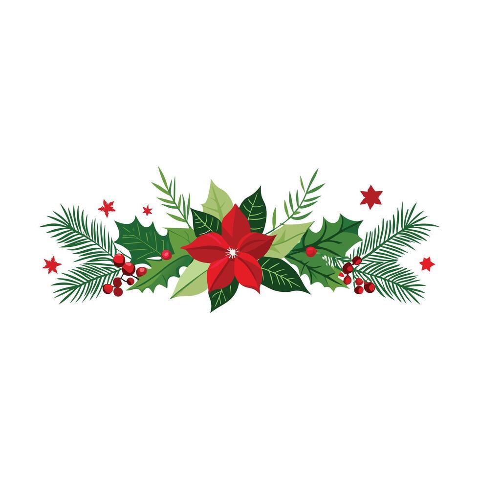 Christmas wreath with poinsettia and holly leaves vector