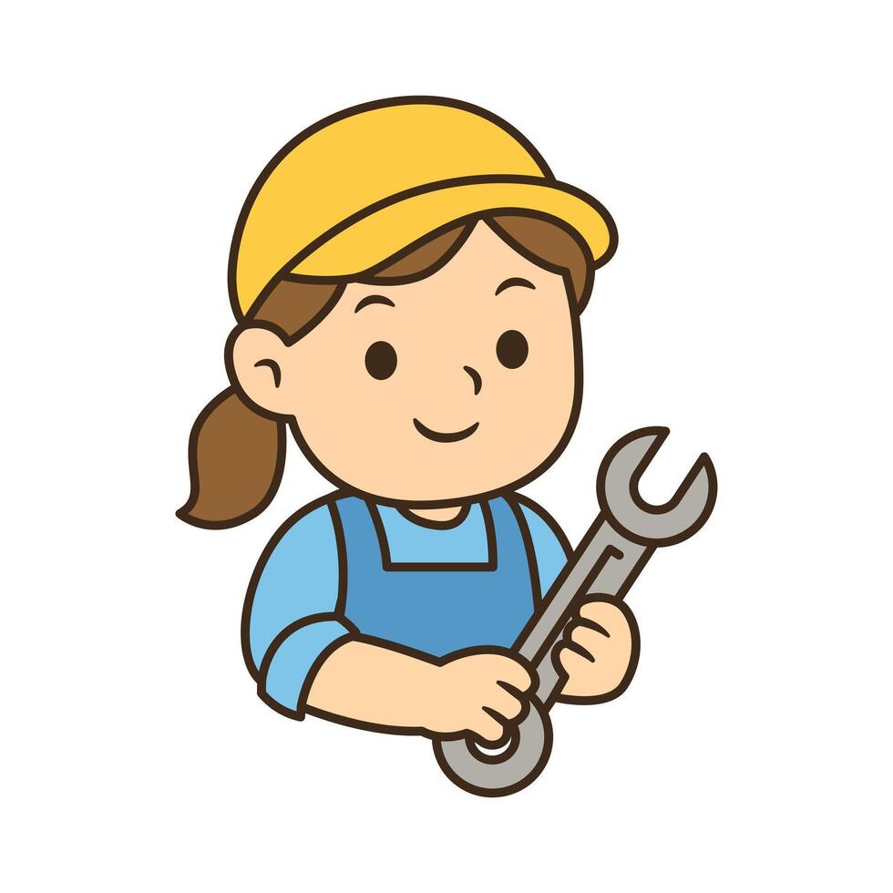 Cute cartoon female mechanic holding a wrench, wearing a yellow cap and blue overalls. Perfect for Labor Day themed designs and illustrations. vector