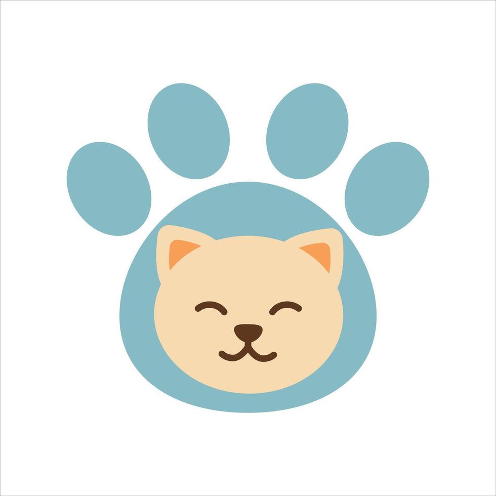 A cute flat style illustration of a smiling cat face centered within a large blue paw print. Perfect for pet themed designs or World Cat Day graphics. vector