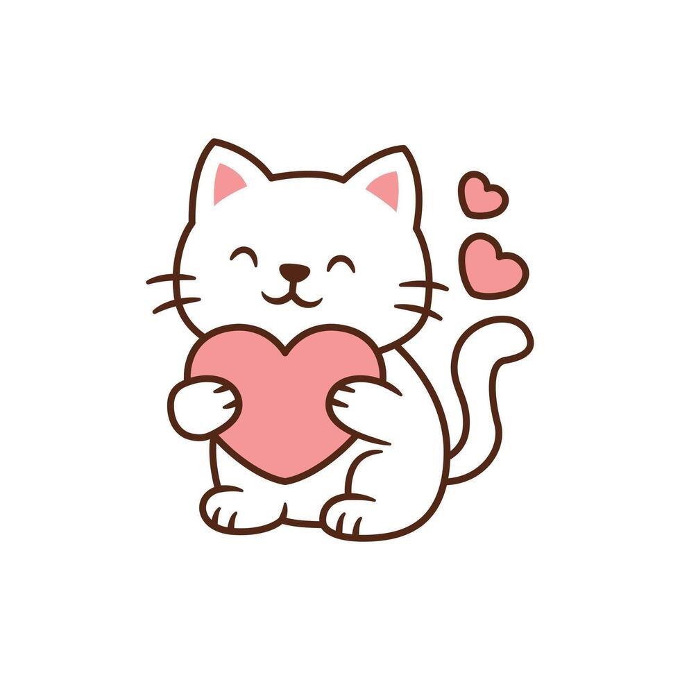 Adorable white cat holding pink heart, kawaii cartoon style animal illustration for kids and Valentine's design vector