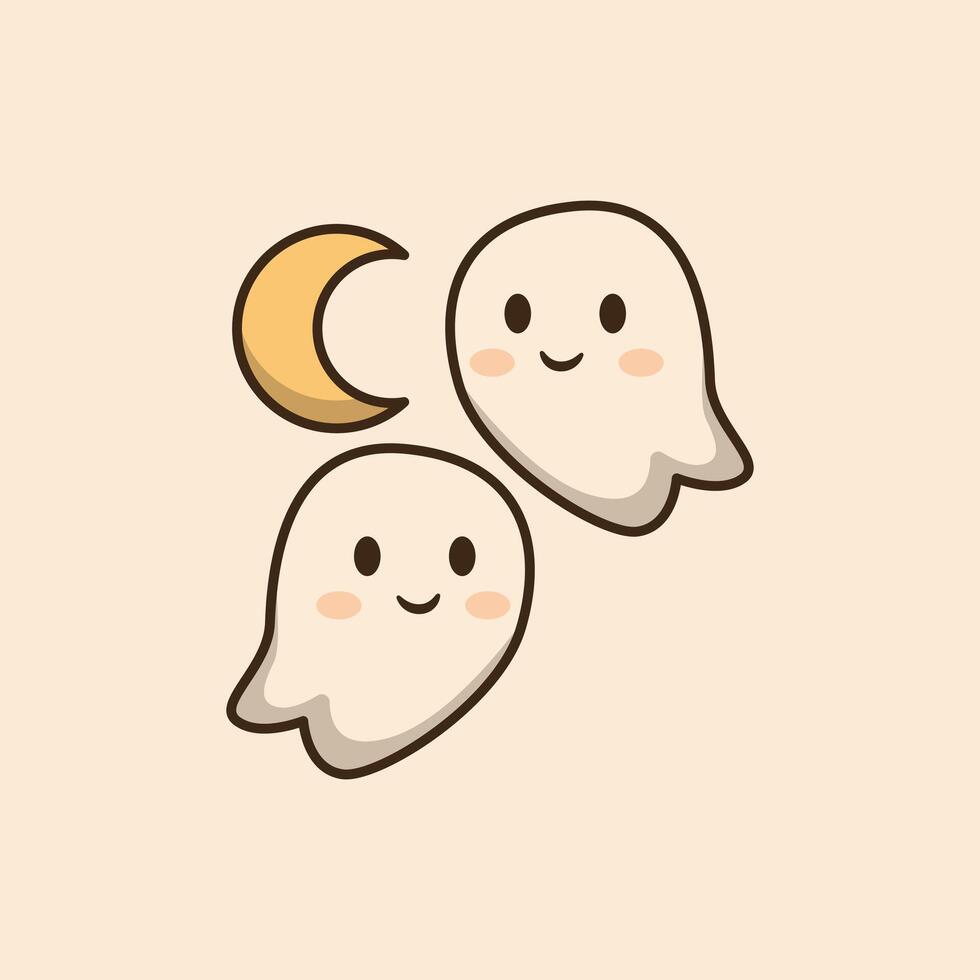 Two cute Halloween ghosts under moon. Suitable for banner, sticker, event, anda other. vector