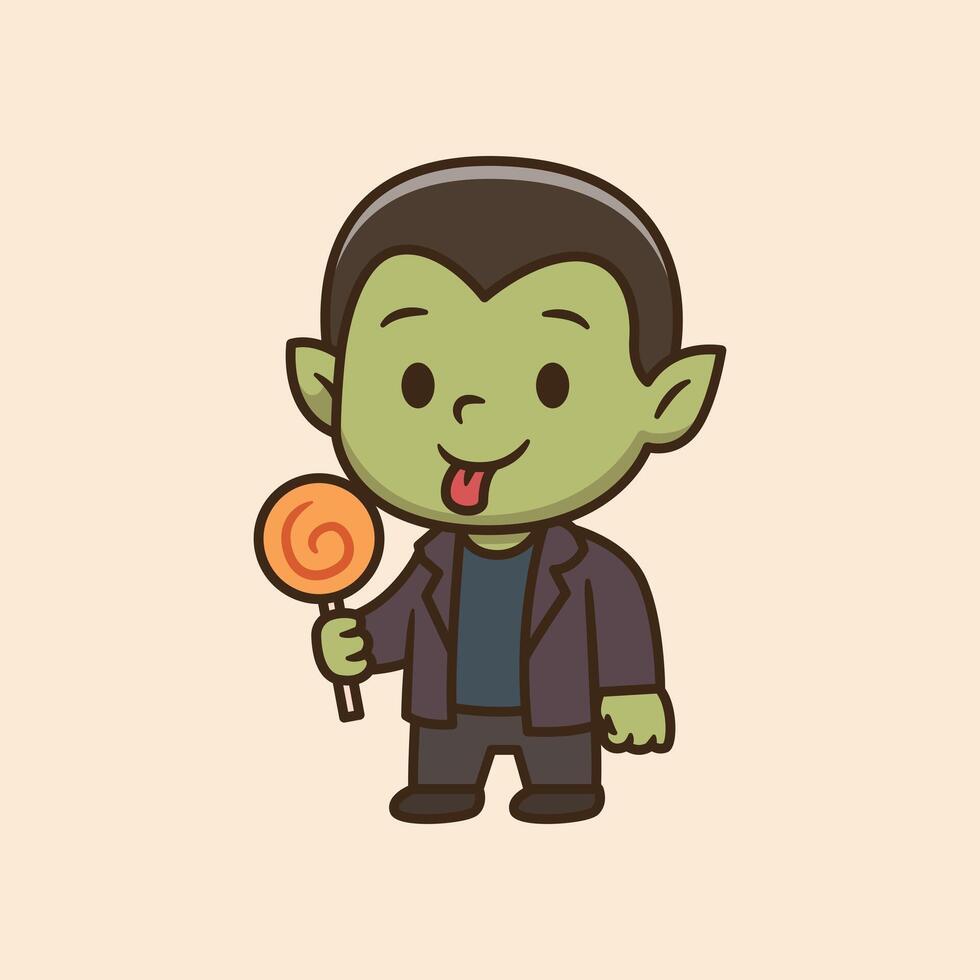Cute Frankenstein kid character in Halloween costume licking candy vector