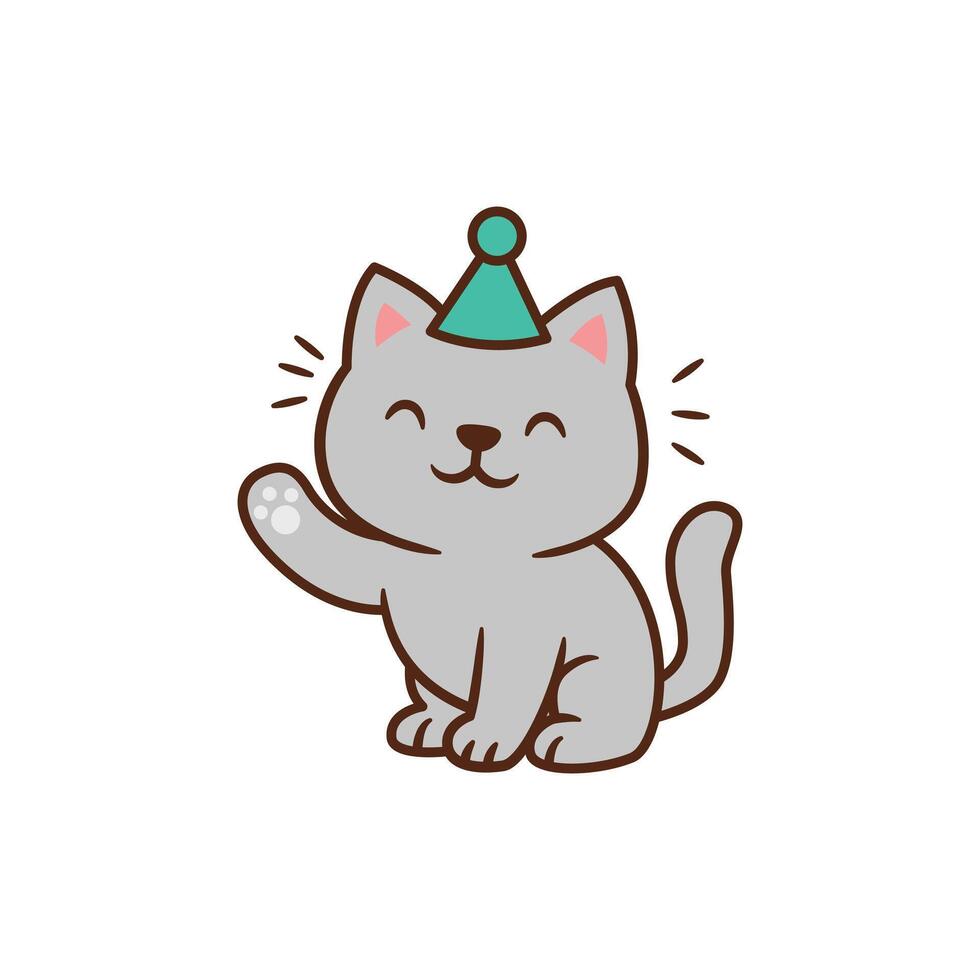 Adorable gray cat waving paw and wearing party hat, fun cartoon for birthday or celebration themes vector