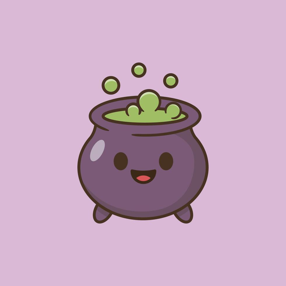Purple Halloween cauldron with bubbling green potion cartoon illustration vector