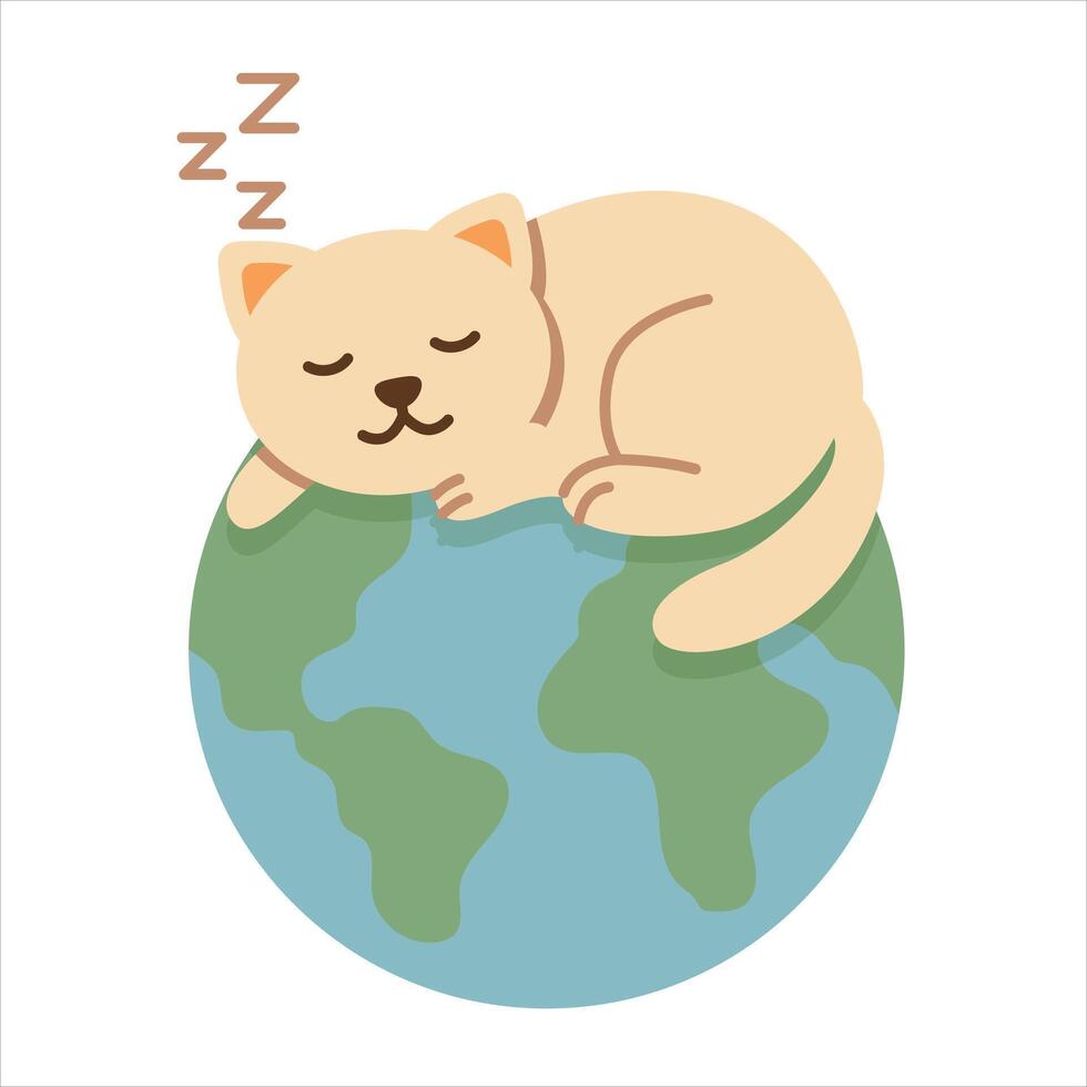 Cute Cat Lying on the Globe, World Cat Day Illustration, Suitable for Banner, Sticker and More vector