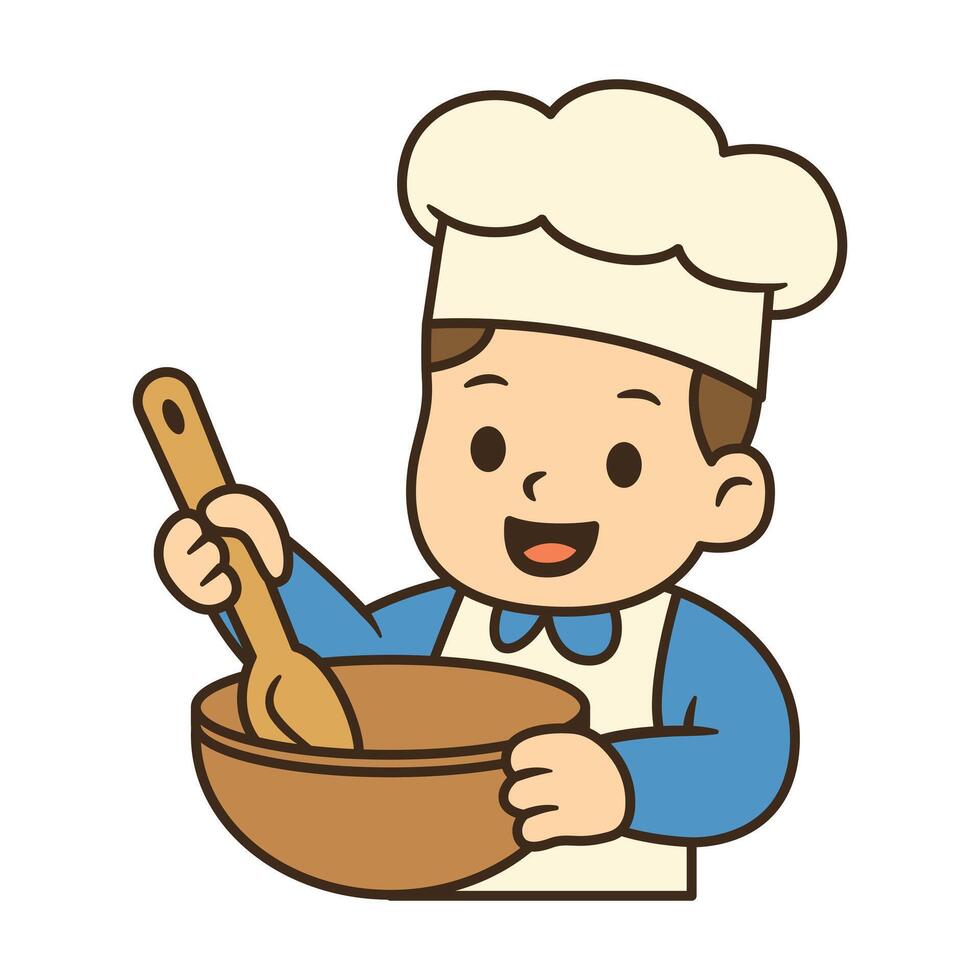 Cute cartoon chef boy stirring a bowl with a spoon, wearing a chef hat and apron. Great for Labor Day designs celebrating culinary workers. vector