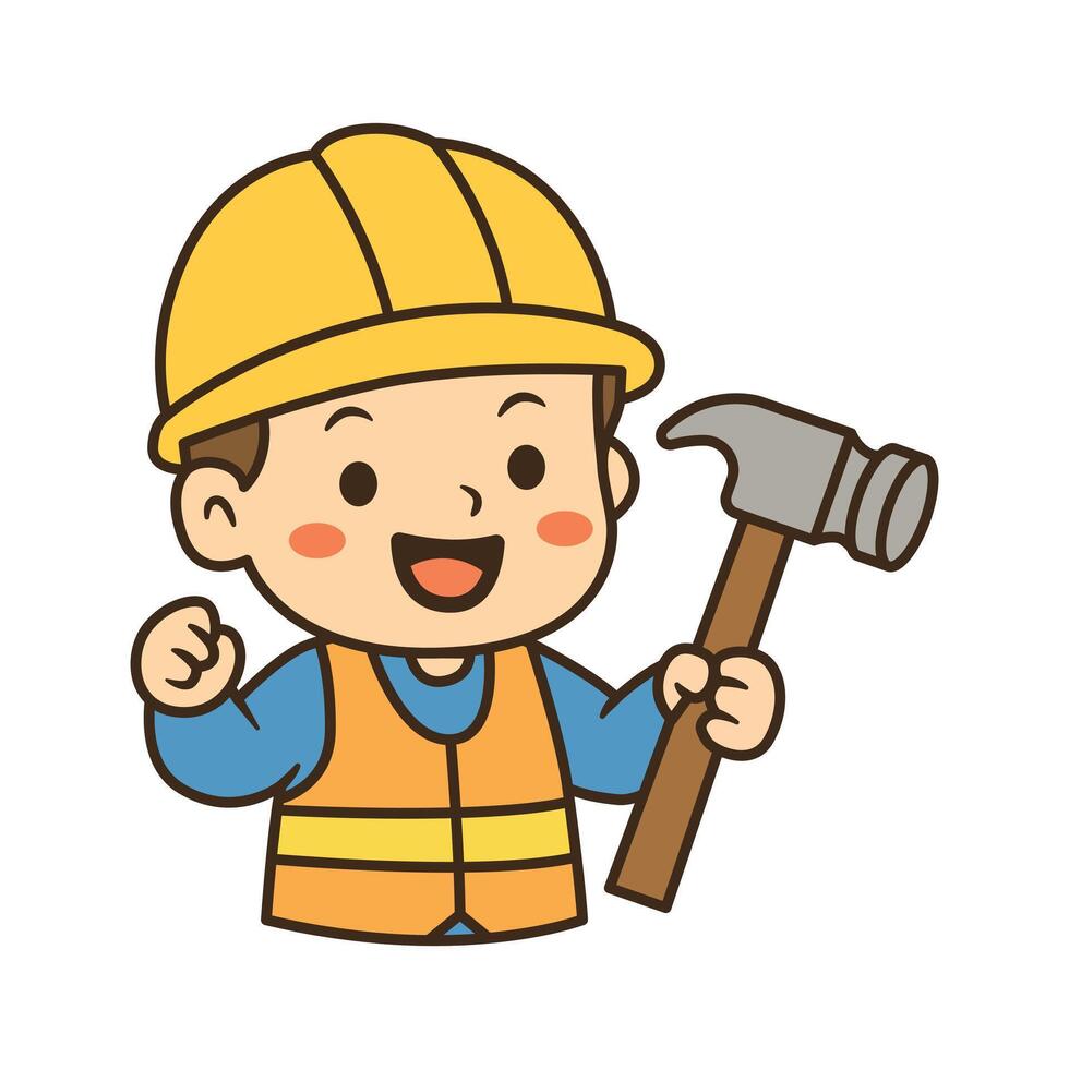 Cute cartoon builder boy holding a hammer and smiling, wearing a yellow hard hat and safety vest. Perfect for Labor Day celebration designs. vector