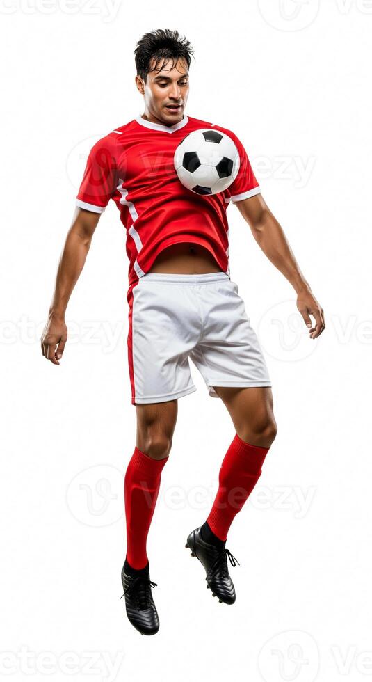 A man in a red shirt is holding a soccer ball photo
