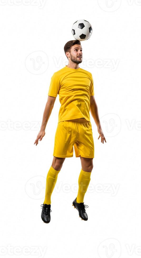 A man in a yellow soccer uniform is balancing a soccer ball photo