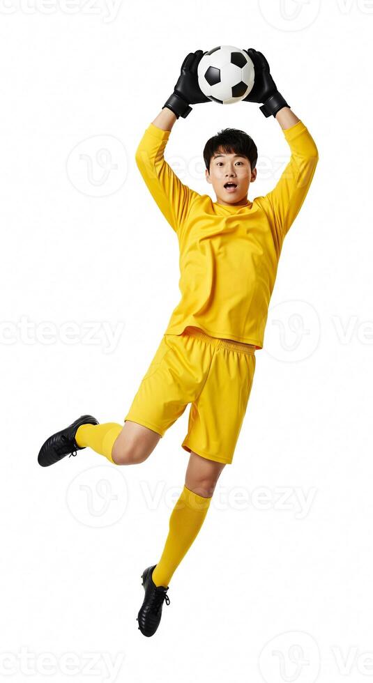 A young man in yellow soccer gear holding a soccer ball photo