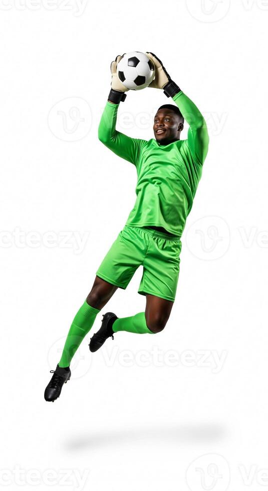 A soccer player in green is jumping to catch a ball photo