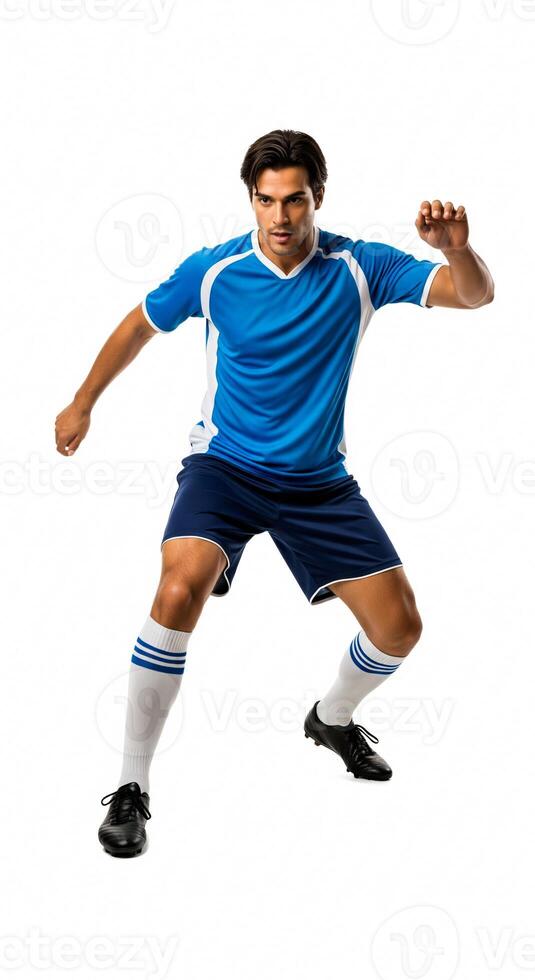 A man in blue and white soccer uniform is about to kick the ball photo