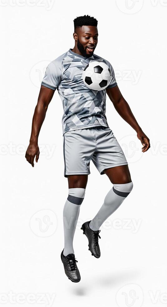 A man in a soccer uniform is jumping with a ball photo
