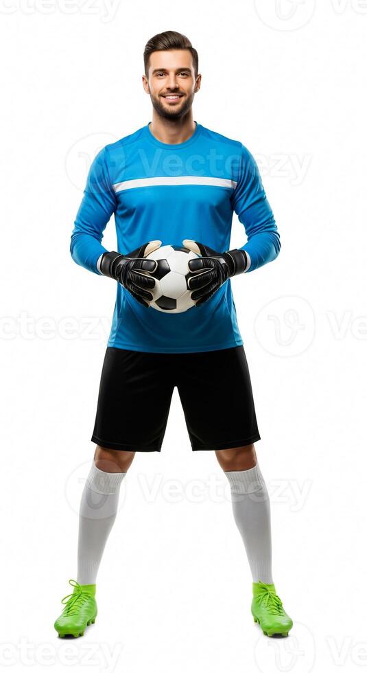 A man in a blue uniform holding a soccer ball photo