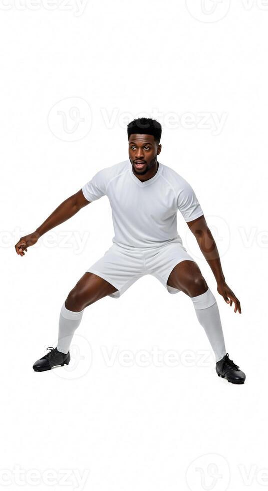 A man in a white soccer uniform is posing photo