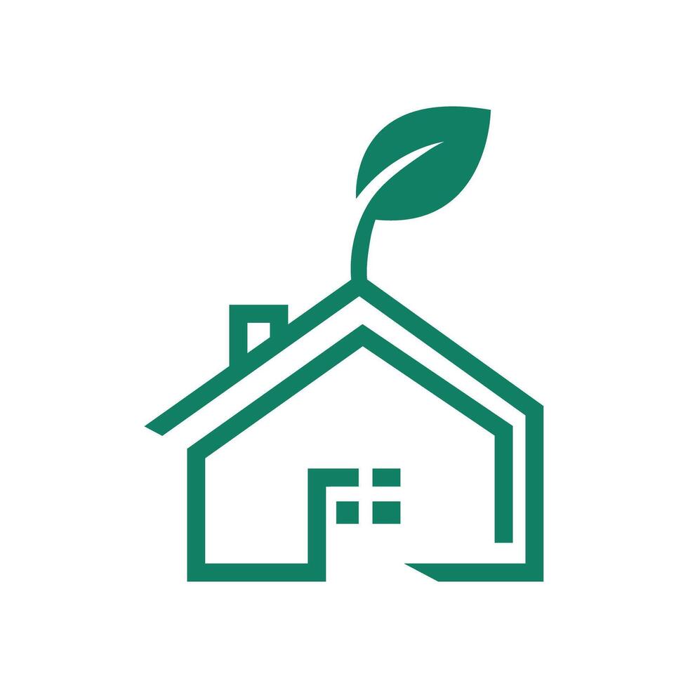 A green eco-house icon with a leaf, symbolizing sustainable living, green building, and eco-friendly real estate vector