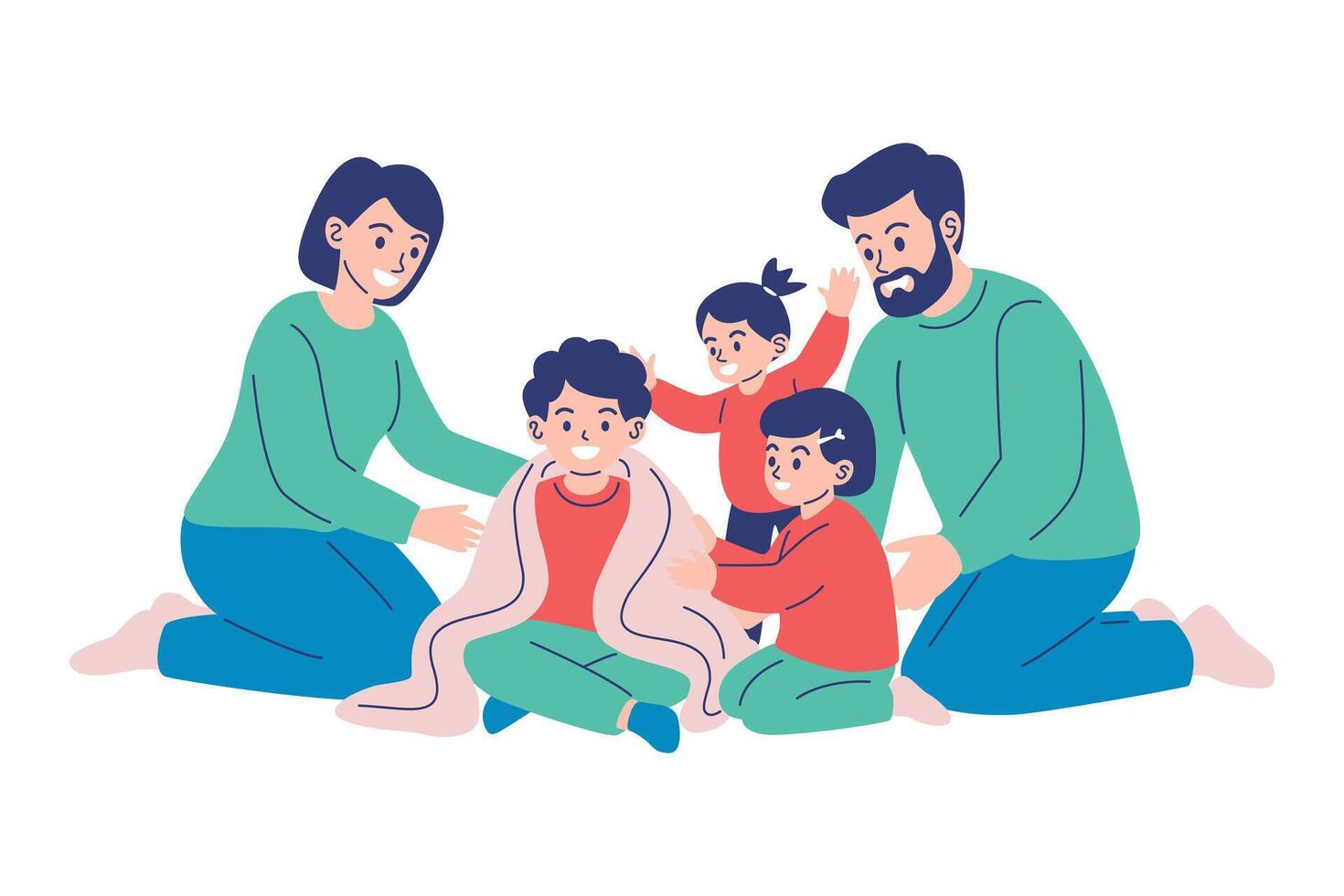 Family wrapped in a blanket together vector