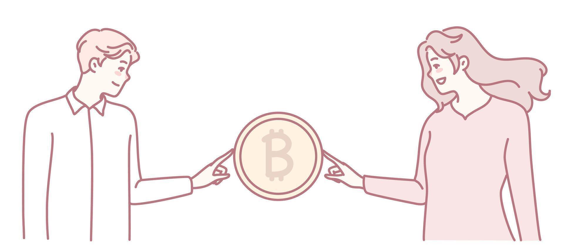 Two people exchanging Bitcoin illustration vector