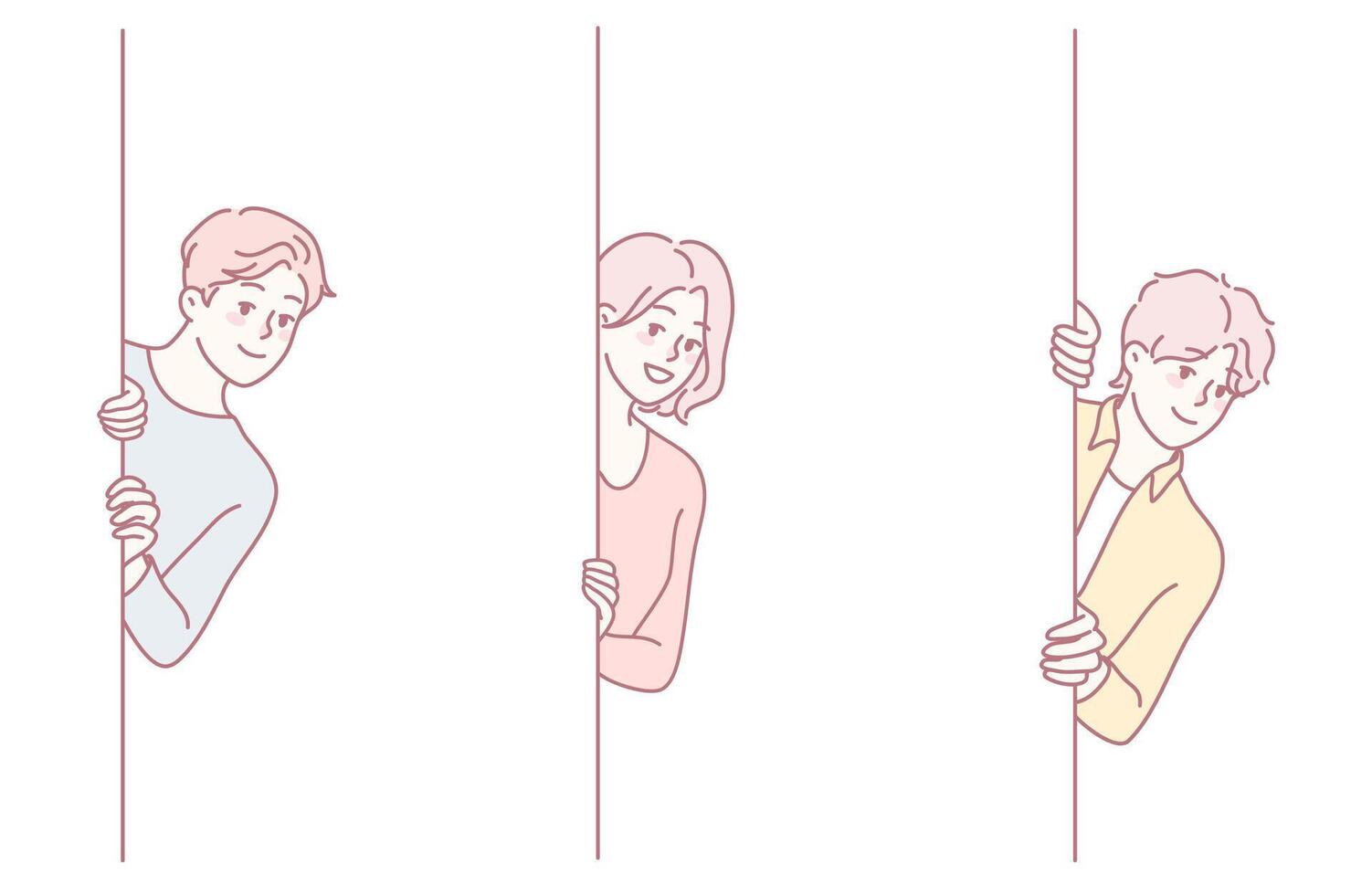 Three friends peeking around dividers vector
