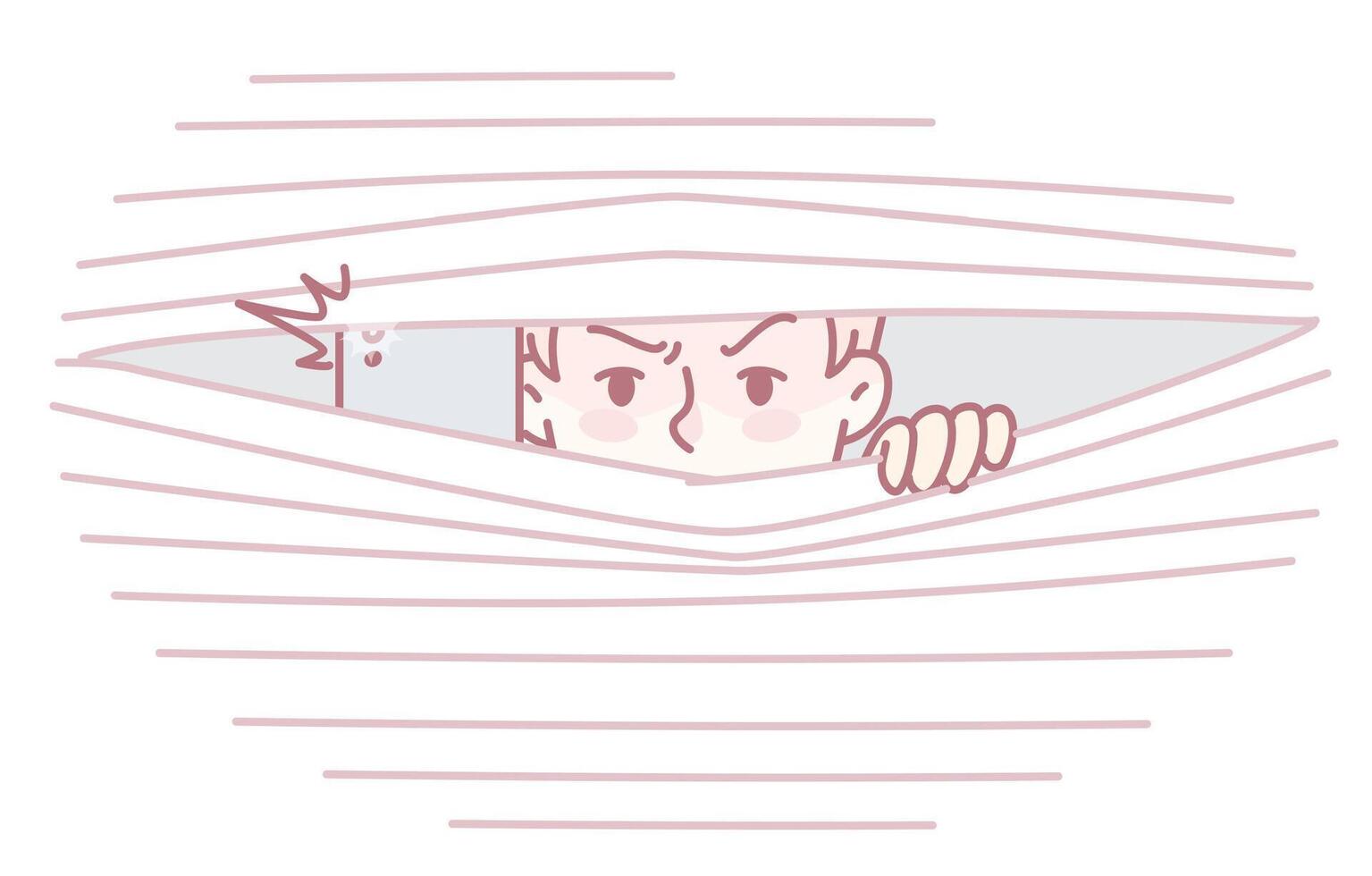 A curious boy is peeking playfully through colorful curtains, filled with wonder and mischief vector