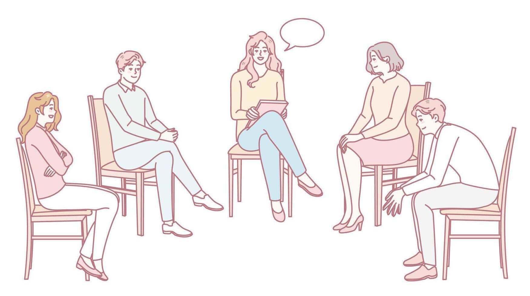 An Illustration Depicting a Group Therapy Session with Five Participants Engaged in Discussion vector