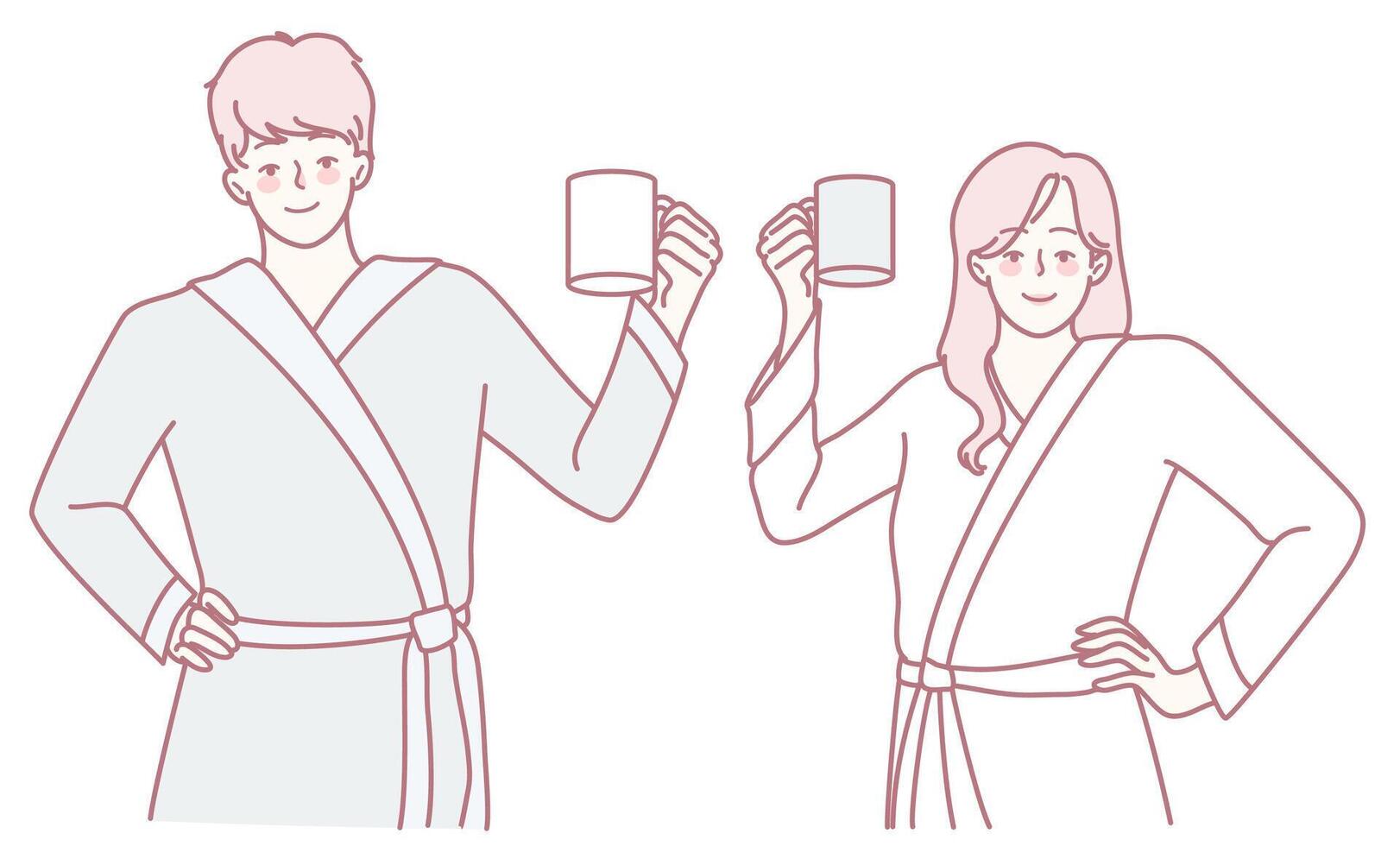 A Joyful Couple Enjoying Their Morning Coffee Together While Dressed in Cozy Robes vector