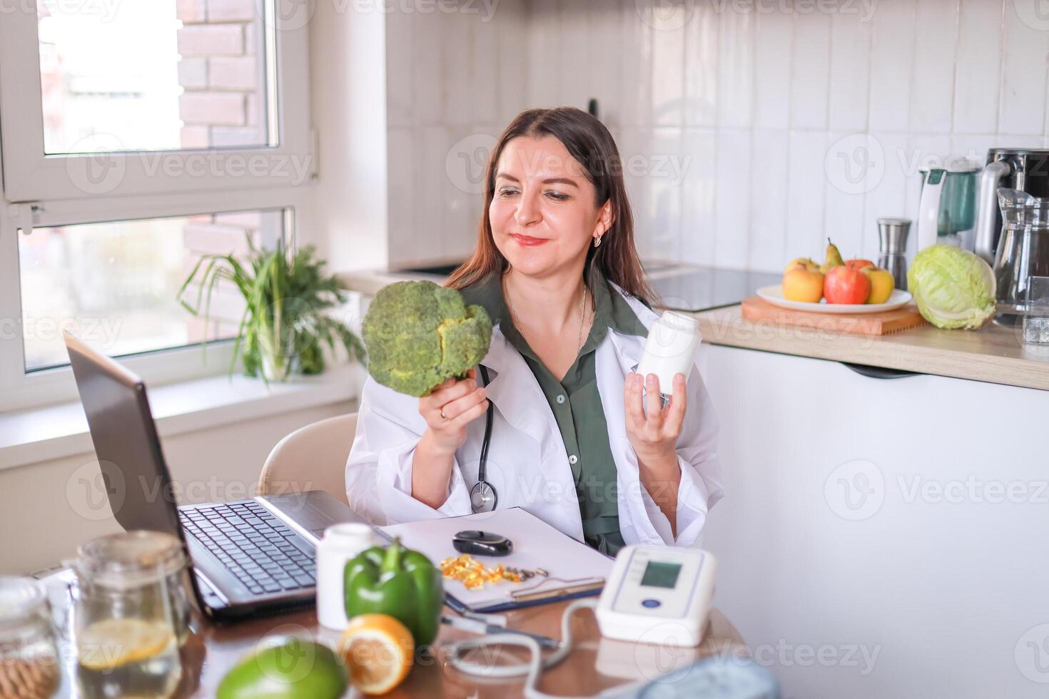 nutritionist discusses broccoli as a source of vitamins and minerals for women's health. health and nutrition concept. photo