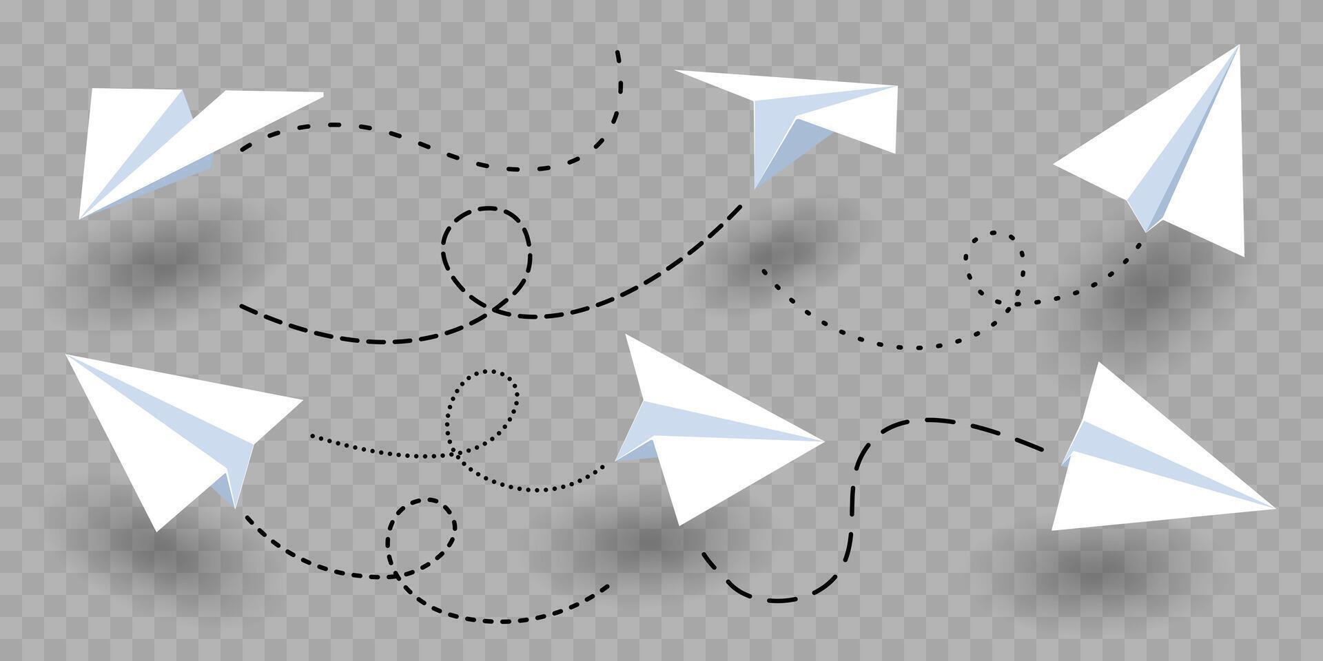 Set of various realistic white paper planes. Collection of flying folded origami airplanes in different angles with dotted route lines. Isolated elements for banner, poster etc. vector
