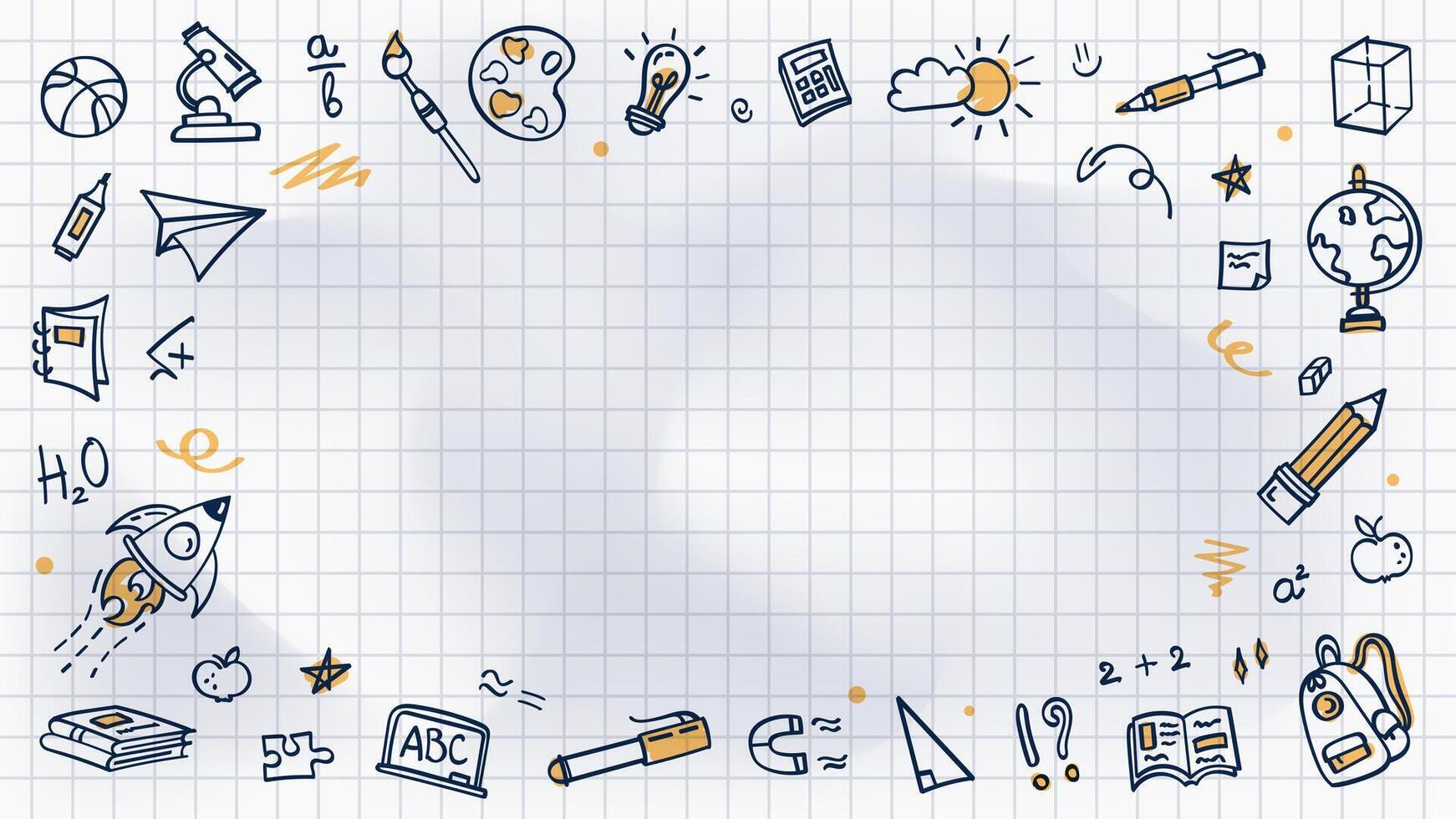 School background with doodle frame of hand drawn education elements on white crumpled checkered notebook paper. Sketch border, creative banner template for back to school theme, education concept. vector