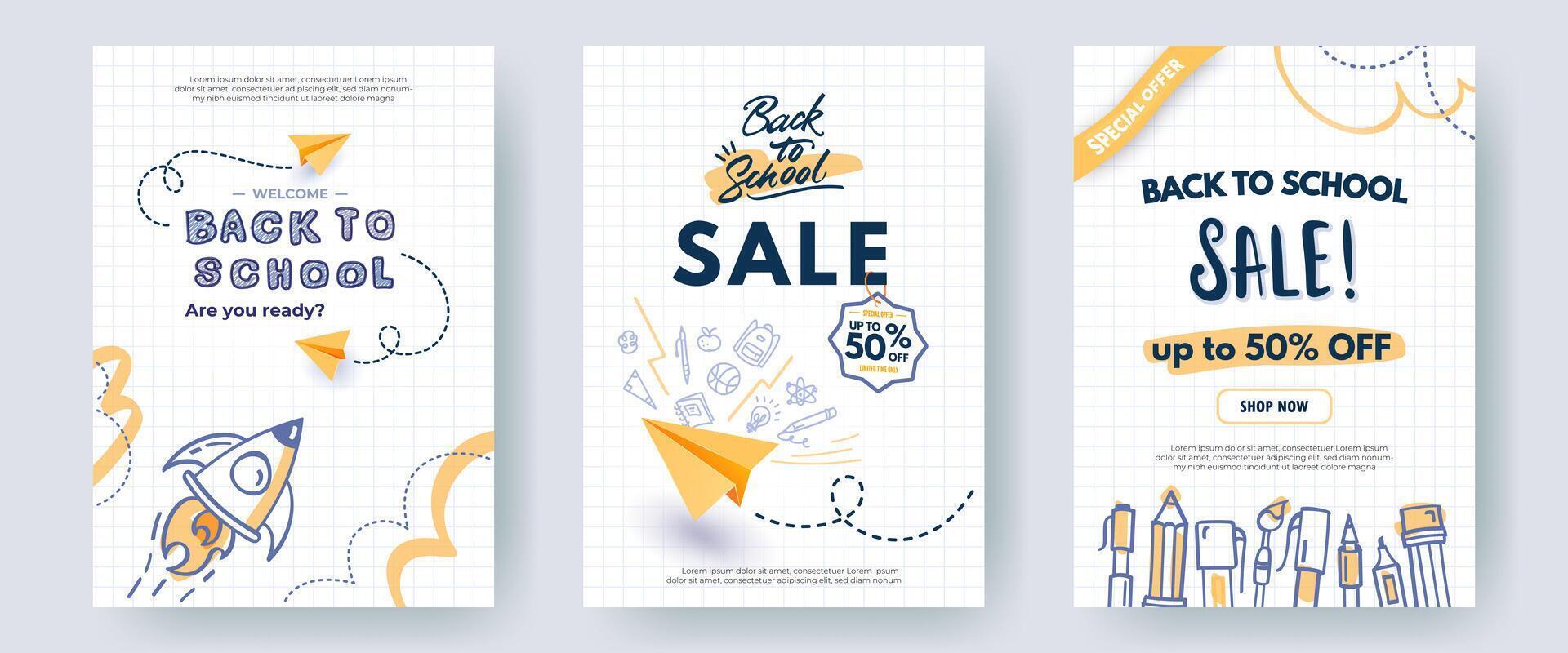 Set of Back to School sale banners, backgrounds. Creative posters with hand drawn illustrations, paper planes, doodle drawings on white checkered notebook paper. Web ad templates, educational concept. vector