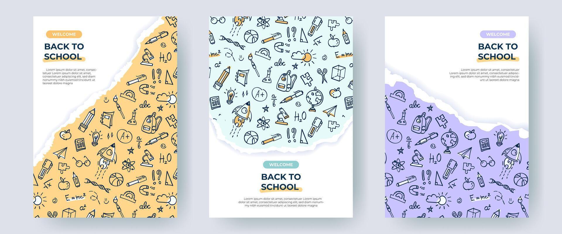 Set of back to school backgrounds with doodle pattern. Creative banner design, torn paper pieces with ripped edges, colorful hand drawn icons of school supplies. Templates for flyer, education concept vector