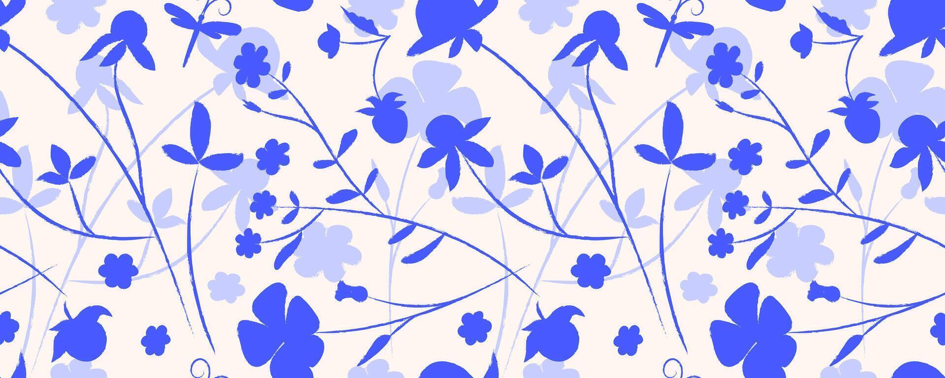 Seamless floral pattern with blue silhouettes of wildflowers, leaves, berries and dragonflies on a light beige background. Delicate hand drawn botanical design for textiles, print, wrapping, and decor vector