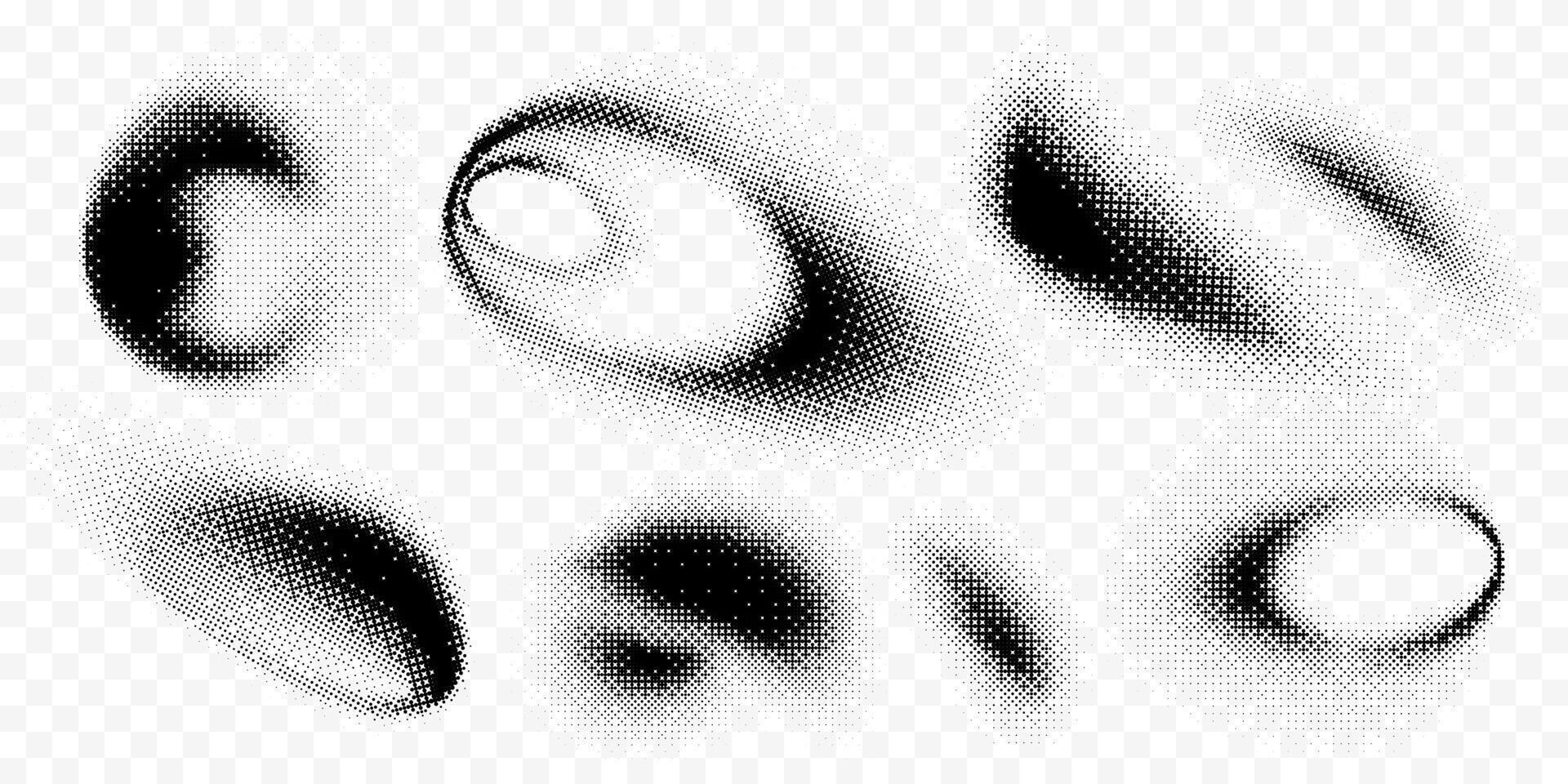 Set of soft blurry halftone monochrome gradients in various shapes. Pixelated spots, gradations with noise, grainy texture. Abstract isolated creative design elements for posters, banner print. vector
